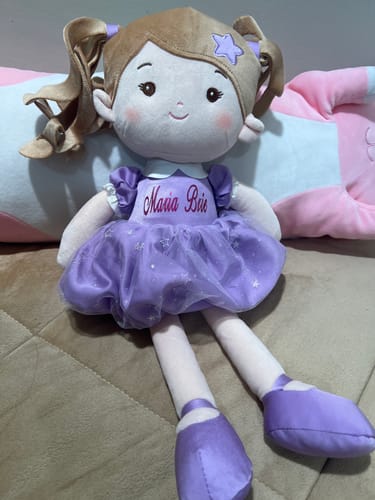 Reviewer's Personalized Princess Starlet doll, with the name 'Maria Bia' embroidered on its lovely purple dress.