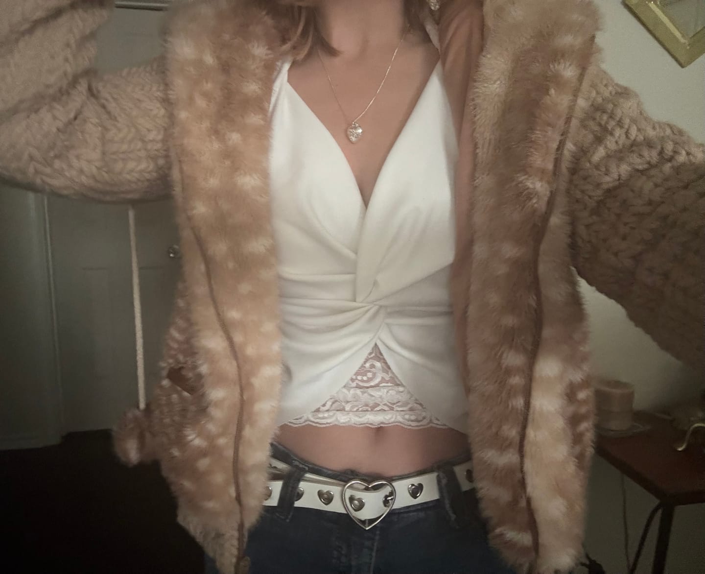 Customer photo review of [Rose Island] Fairy Spirit Deer In Flower Field Faux Fur Hoodie with Zipper