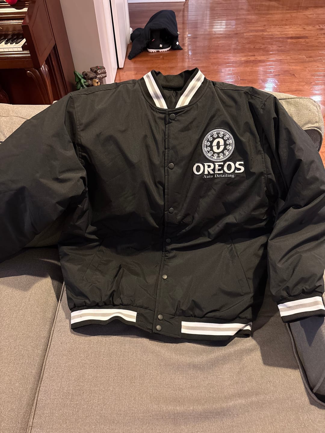 Customer photo review of Custom Black White-Gray Letterman Solider Classic Style Varsity Full-Snap Jacket