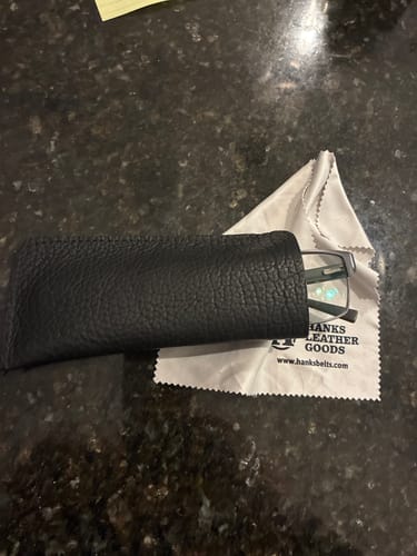 Reviewer's black Bison Leather Eyeglass Case with glasses partially inserted and the included cleaning cloth.