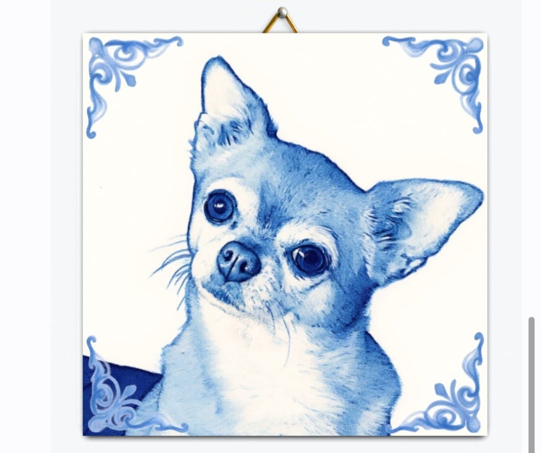 Customer photo review of Delfts Blauw tegeltje bedrukken met jouw eigen huisdier