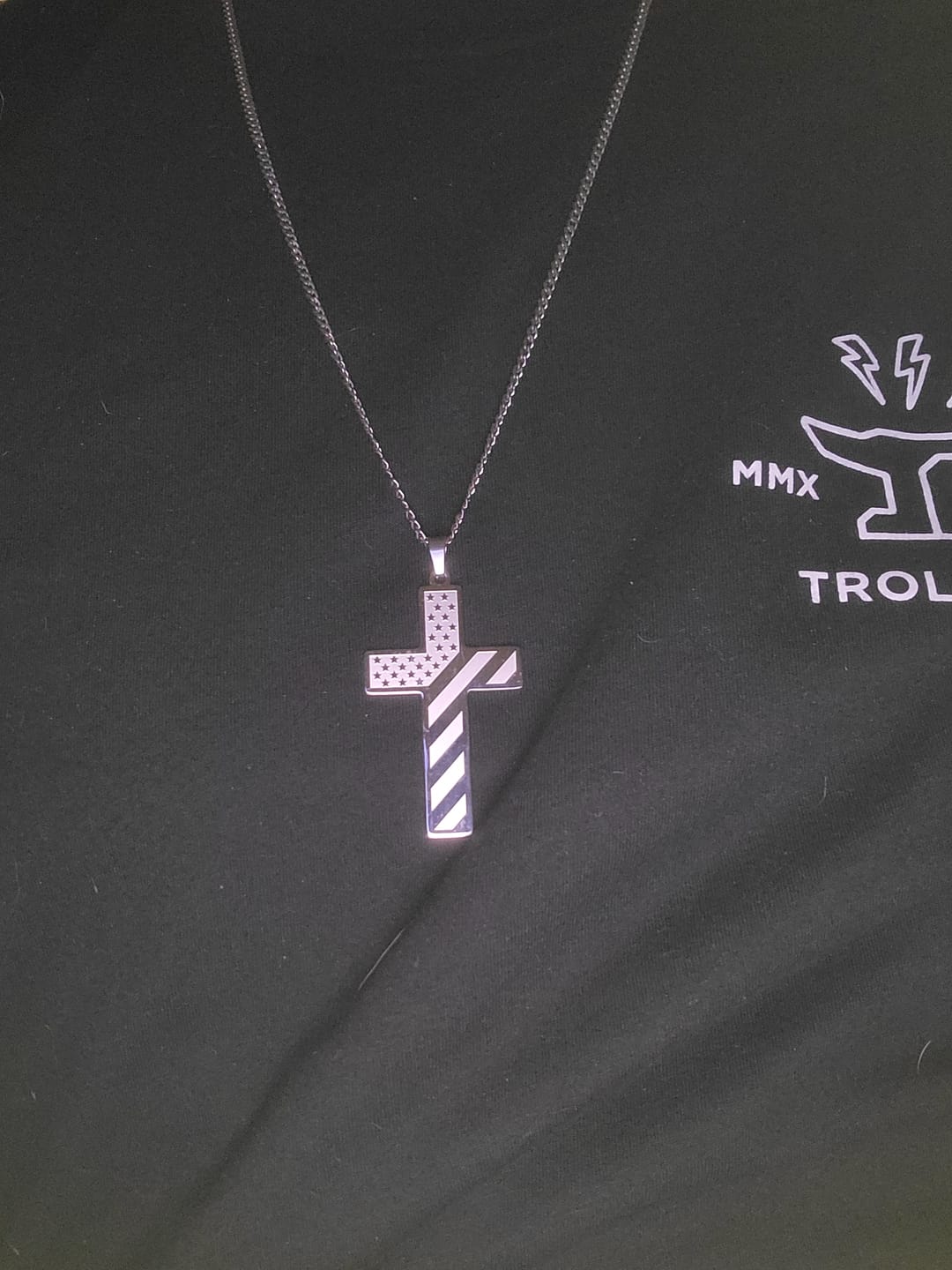 Customer photo review of Christianartworkshop Tri-Color Cross Necklace with American Flag & Scripture: A Patriotic Expression