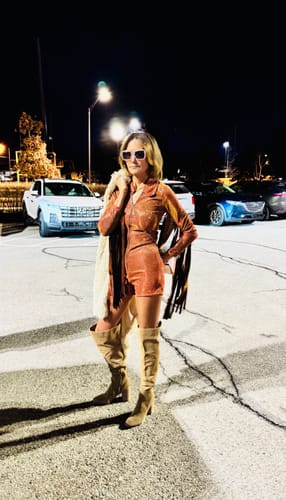 Customer photo review of Glitter Fringe Romper in Orange