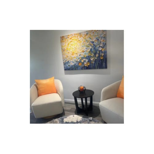 Customer photo review of Sunlit Whispers-Impressionist Flower Oil Painting with Vibrant Yellow & Blue Hues, Textured Brushstrokes Wall Art for Home Decor