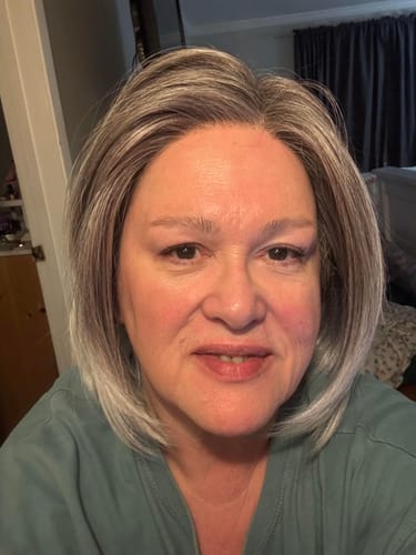 Customer photo review of JBEXTENSION 12 Inches Bob Cut Silver Pre-Cut Snowflake Lace Frontlace Glueless Wig KHLOE SILVER【PERMATEASE】【BENDY EAR TABS】- M/L