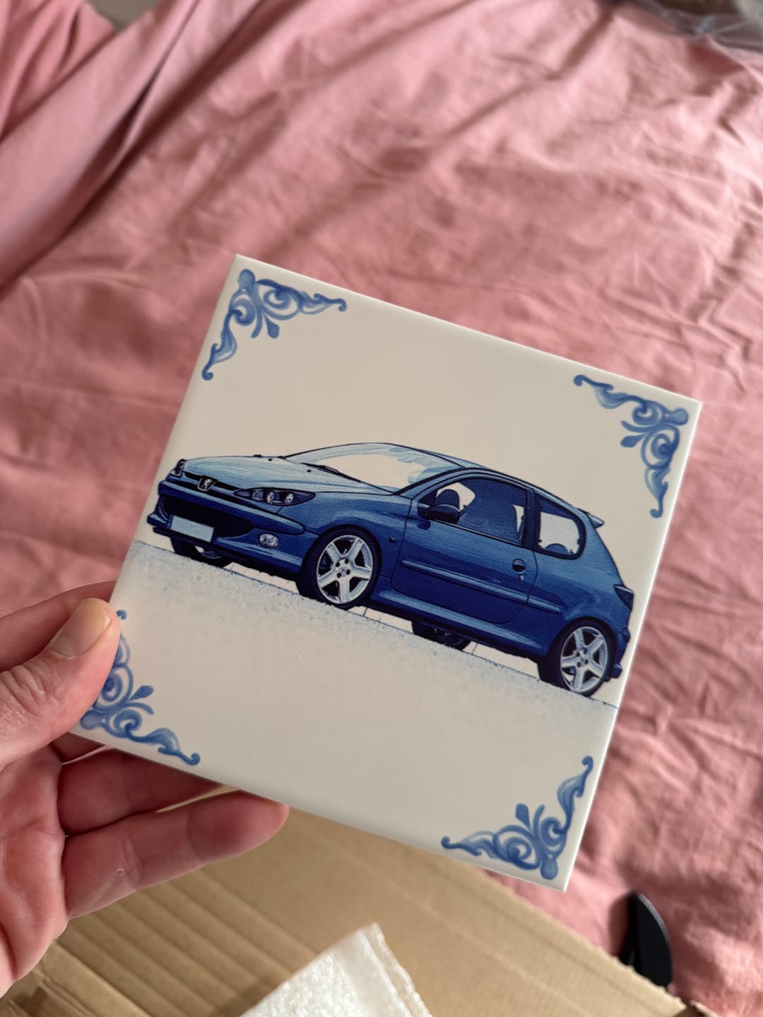 Customer photo review of Delfts Blauw tegeltje bedrukken met eigen auto