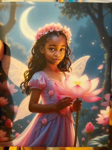 Customer's 'The Fairy Bloom' canvas portrait, showing a young girl as a beautiful fairy in a pink dress holding a glowing lotus.