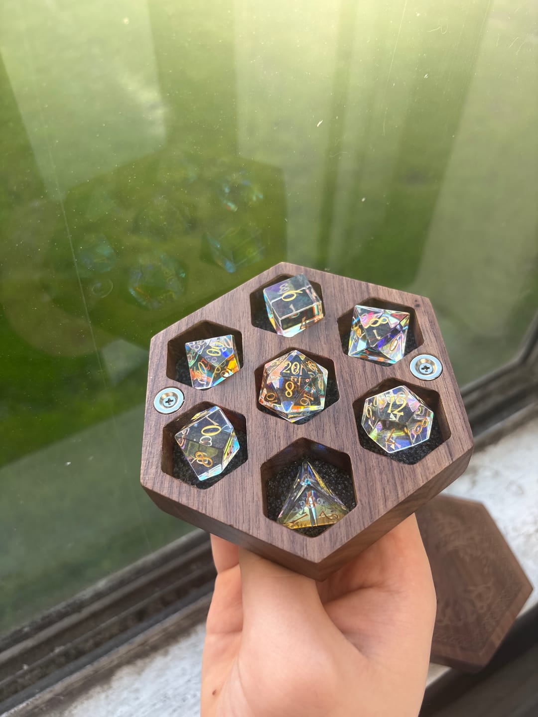 Customer photo review of URWizards D&D Dichroic Prism Glass Gemstone Engraved Dice Set