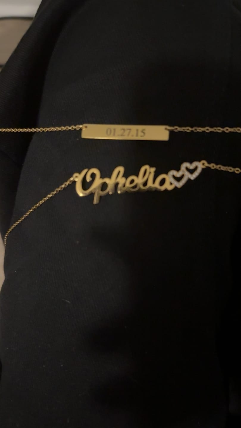 Customer photo review of Engraved Bar Necklace
