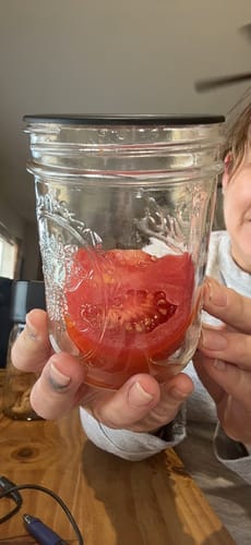 Customer holding a mason jar containing a fresh-looking cut tomato, sealed for 21 days with the Mason Genie Vacuum Sealer.