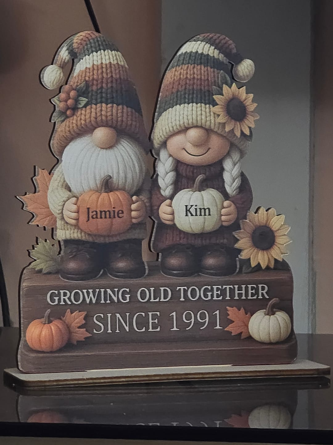 Customer photo review of Personalized "Growing Old Together" Gnome Plaque With Couple Names & Sunflowers Pumpkins Autumn's Warm Charm For Couple Gift For Grandparent