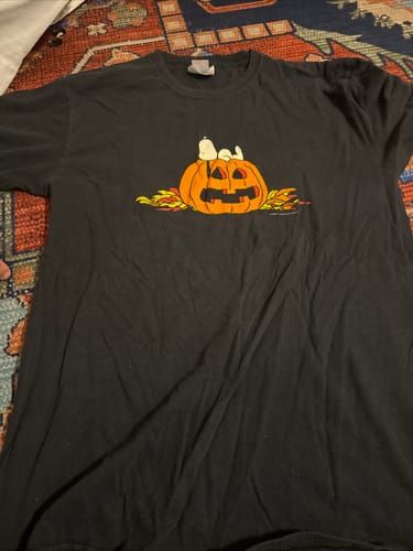 Customer photo of a black graphic t-shirt with Snoopy on a pumpkin, from the 25 Piece Sample Box.
