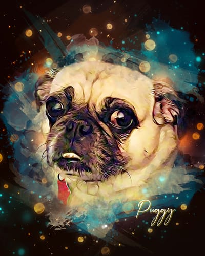 Customer's Celestial Style Watercolor Pet Canvas featuring a vibrant portrait of their pug, Puggy.