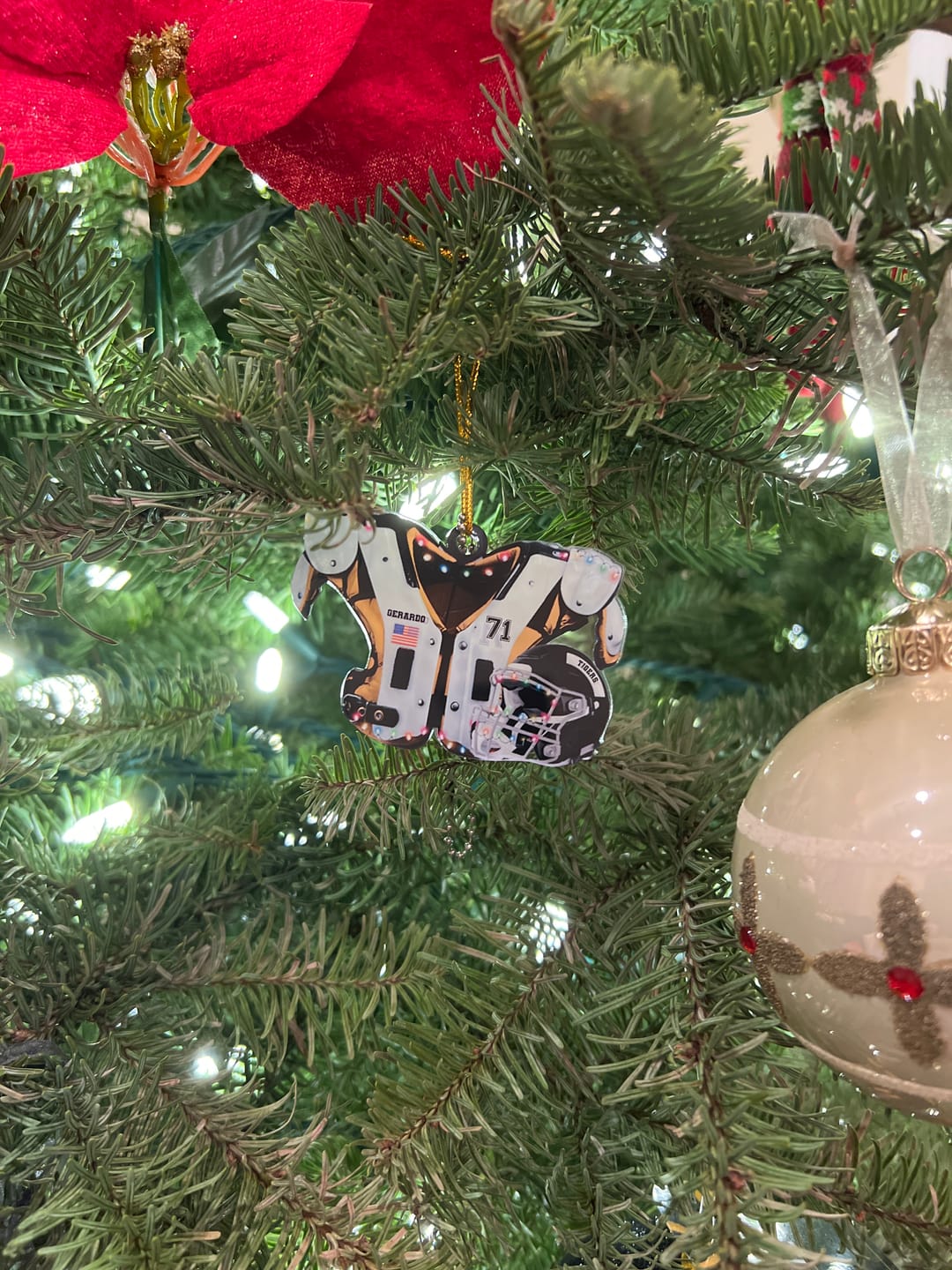 Customer photo review of American Football Shoulder Pads and Helmet Personalized Ornament