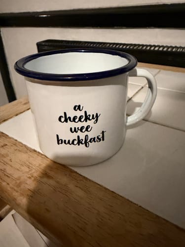 Customer photo review of FREE White A Cheeky Wee Buckfast Enamel Mug