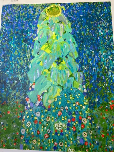 Customer's completed Sunflower paint by numbers kit, showing the detailed painting in a Klimt-inspired style.