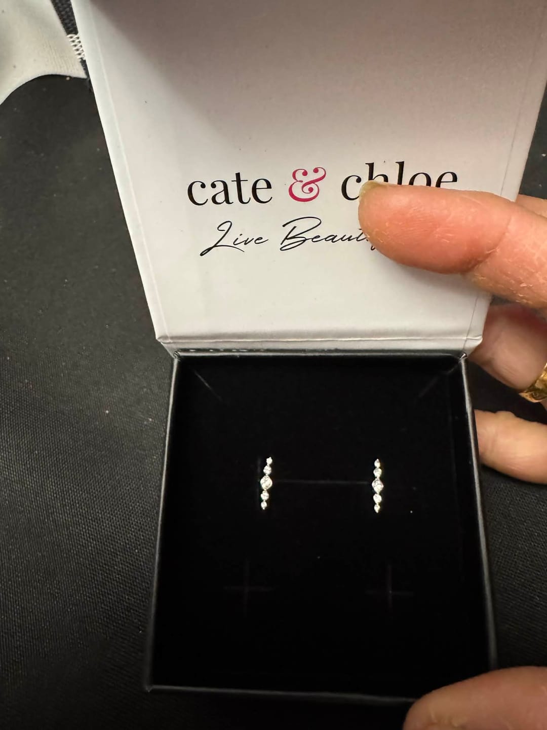Customer photo review of Theadora 18k White Gold Plated Linear Stud Earrings with Swarovski Crystals