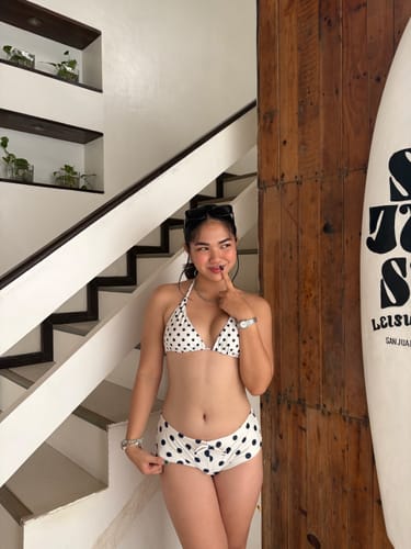Customer photo review of Crystal Cream Vintage Polka Dot Low Rise Beach Swim Bottom Boyshorts