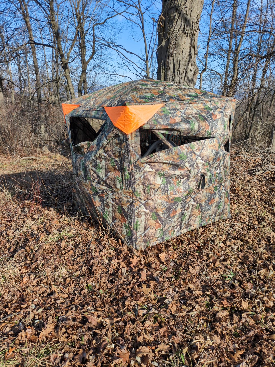 Customer photo review of Vis360 See Through Ground Blind | 360° Camouflage Pop Up Hunting Blind for 2/3/4 Person | Portable Deer Blind with Orange Cover