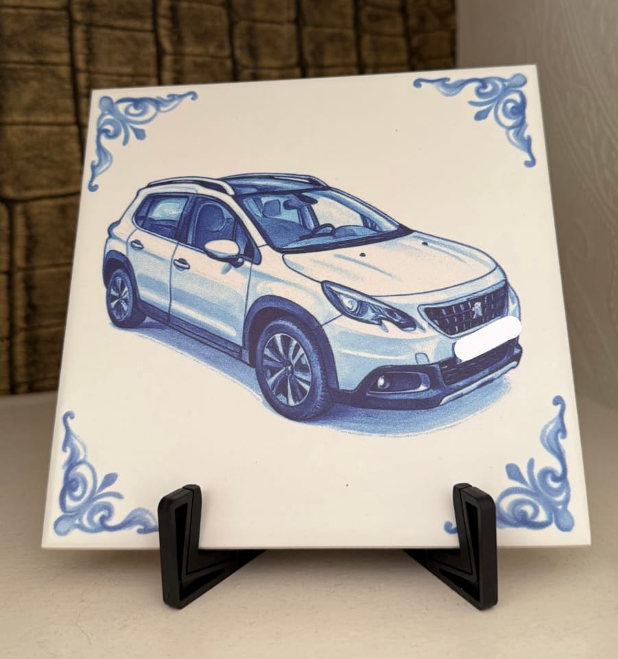 Customer photo review of Delfts Blauw tegeltje bedrukken met eigen auto
