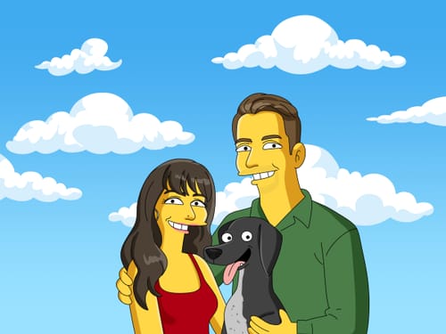 Customer's 'Turn Me Yellow' digital portrait showing a couple and their dog drawn in a fun, yellow cartoon style.