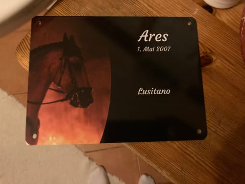 Customer photo review of Pferde Boxenschild mit Foto & Wunschtext (UV- und wetterfest)