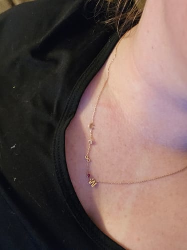 Customer photo review of 14K Solid Gold Sideways Birthstone and Letter Necklace