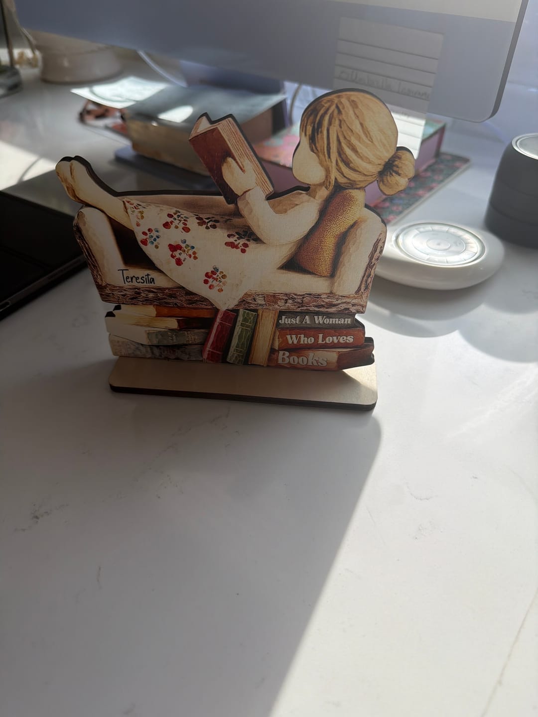 Customer photo review of Man Woman Book Lover Reading Book On Sofa - Personalized Standing Wooden Plaque
