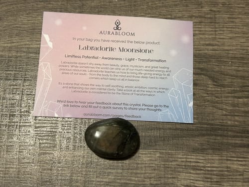 Customer's polished Labradorite Moonstone crystal shown next to its informational card.