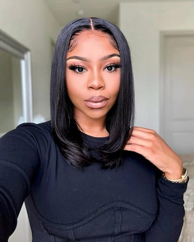Customer photo review of Jet Black Blunt Beauty 13x4 HD Lace Frontal Wig Straight 12" 200% Fullness