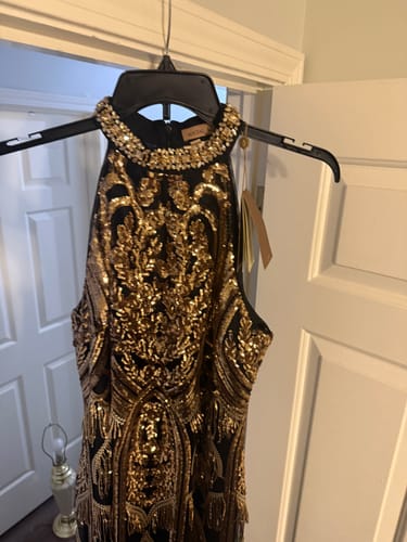Customer photo review of Handcrafted Fringe Sequin Halter Gown