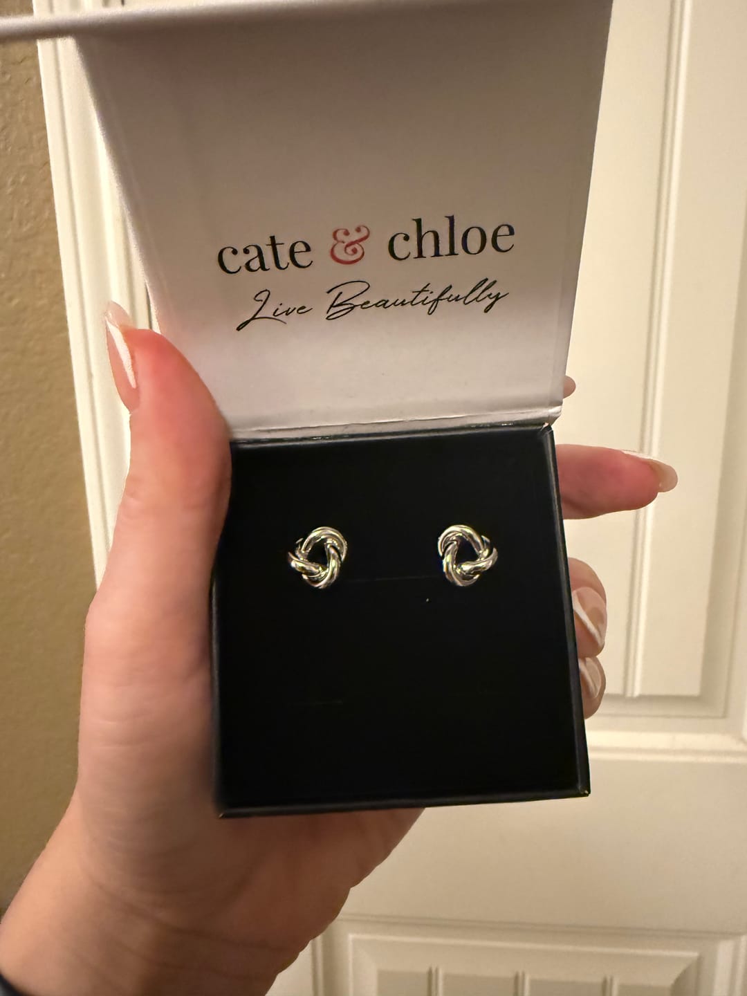 Customer photo review of Ashley 18k White Gold Plated Knot Stud Earrings