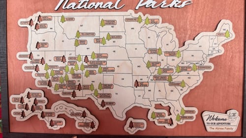Customer photo review of US Wooden National Parks Travel Map With Trees To Record Park Visits (Palisander)