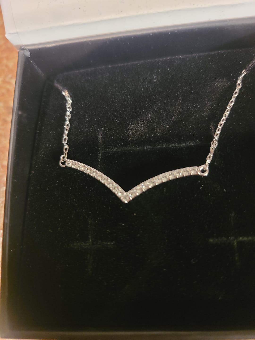 Customer photo review of Hope 18k White Gold Plated V Pendant Linear Necklace with Swarovski Crystals