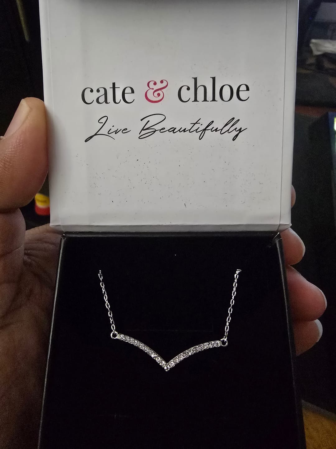 Customer photo review of Hope 18k White Gold Plated V Pendant Linear Necklace with Swarovski Crystals