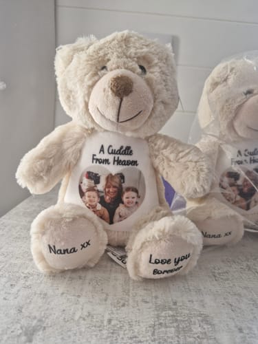 Customer photo review of A Cuddle from Heaven Personalised Photo Teddy Bear