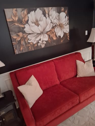 Reviewer's 'Glory Flower' Framed Canvas hanging on a dark wall above a red sofa.