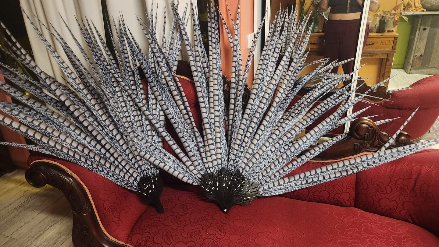 Customer photo review of DIY Pheasant Feather Fan Staves – Aluminum Artistic Hollow Design  Fan Frame Kit (2 Sets)