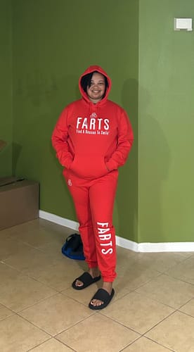 Customer photo review of Organic Red & White Joggers – Confidence Meets Comfort