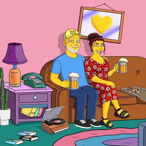 Customer's custom 'Turn Me Yellow!' illustration showing a couple sitting on a couch and holding beers.