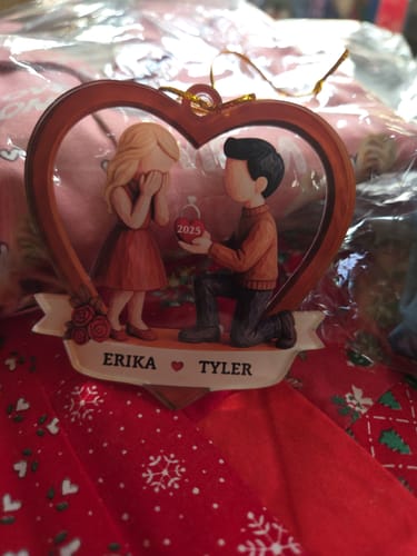 Customer photo review of Personalized Couple Marriage Proposal Acrylic Ornament with Names & Year & Color | "She Said Yes!" | First Christmas Gift For Newly Engaged Couple