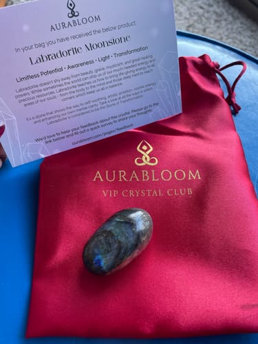 Customer's stunning Labradorite crystal from the VIP Crystal Club, shown with its red pouch and information card.