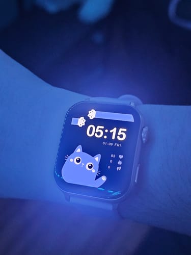 Customer's Gard Pro Health Smartwatch 3 on their wrist, showing a cute, custom cat-themed watch face.