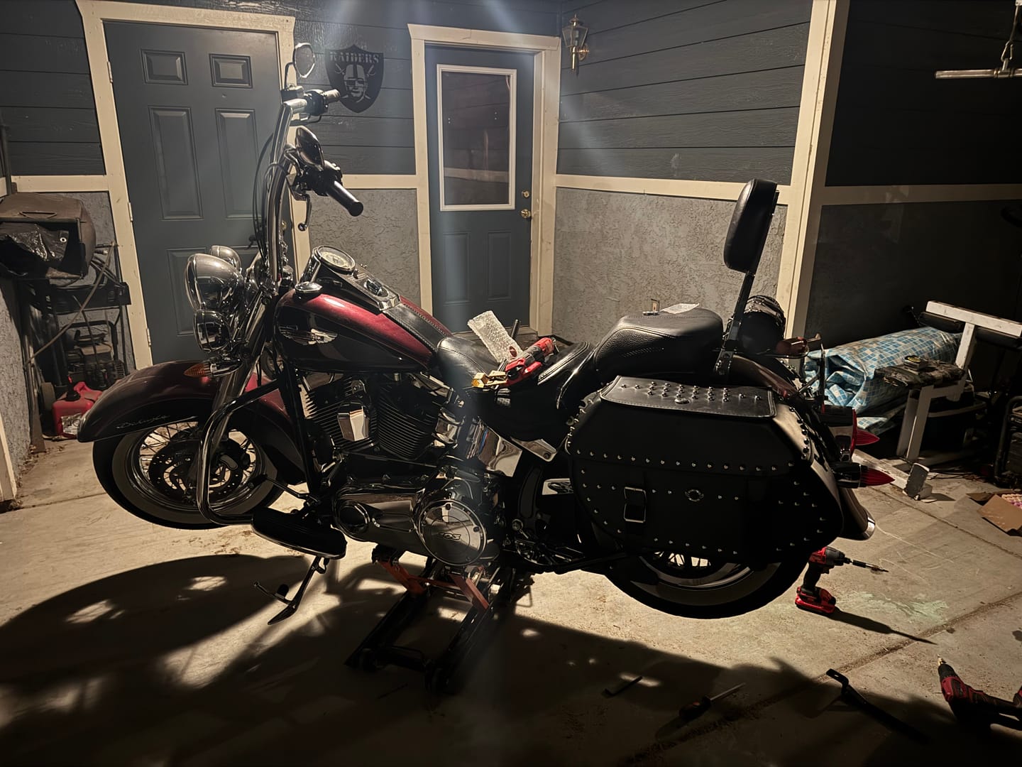 Customer photo review of 35L - Legacy Extra Large Studded Leather Motorcycle Saddlebags for Harley Softail Deluxe FLSTN/I