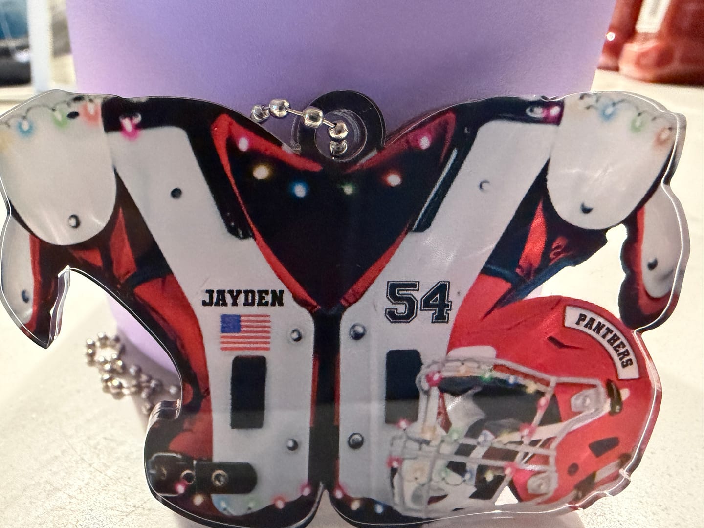 Customer photo review of American Football Shoulder Pads and Helmet Personalized Ornament