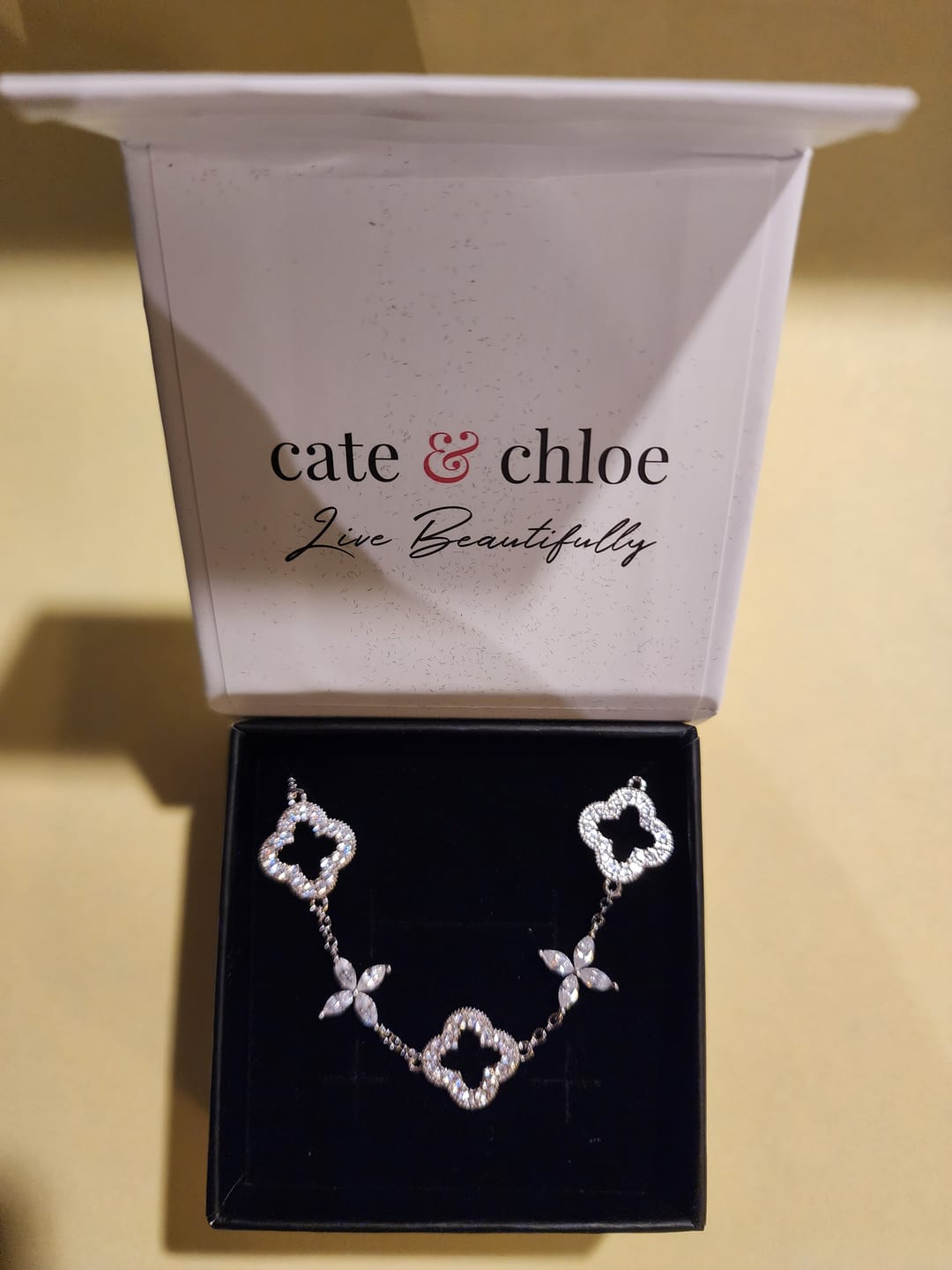 Customer photo review of Samara 18k White Gold Plated Clover Station Bracelet with Swarovski Crystals