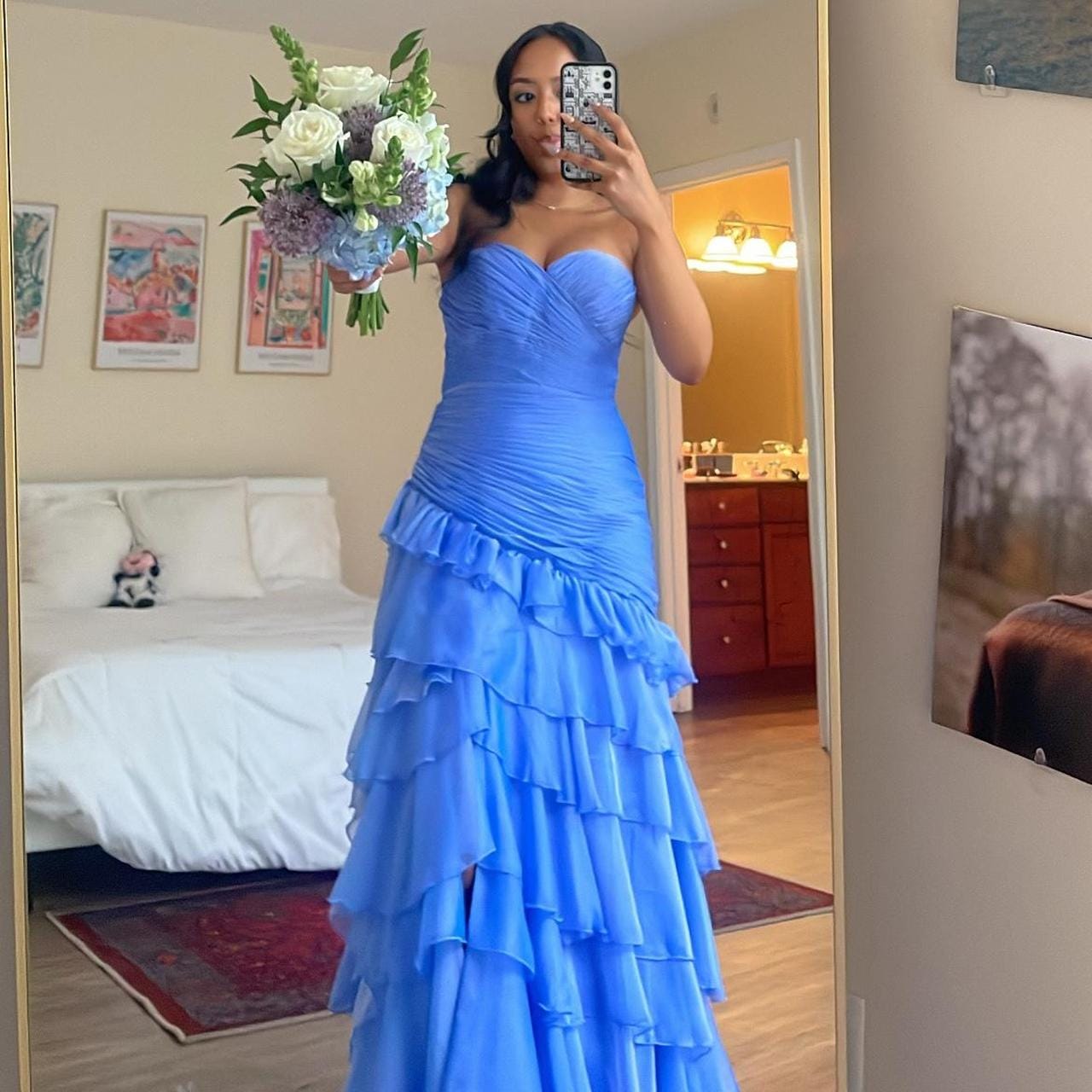 Customer photo review of Strapless Yellow Ruffle Tiered Long Dress with Slit