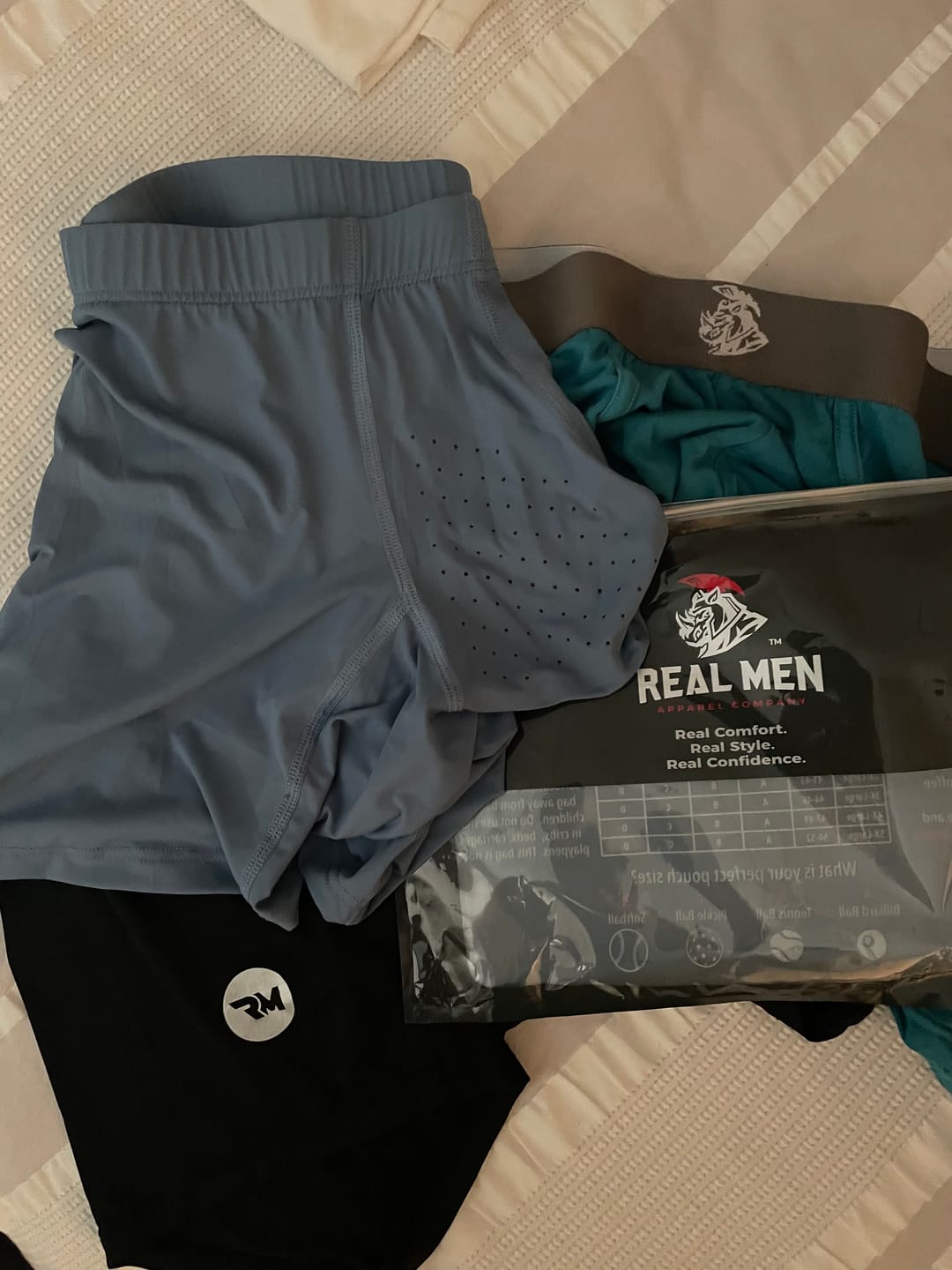 Customer photo review of Nylon 6in Boxer Briefs No Fly 3pk Black/Blue/Gray