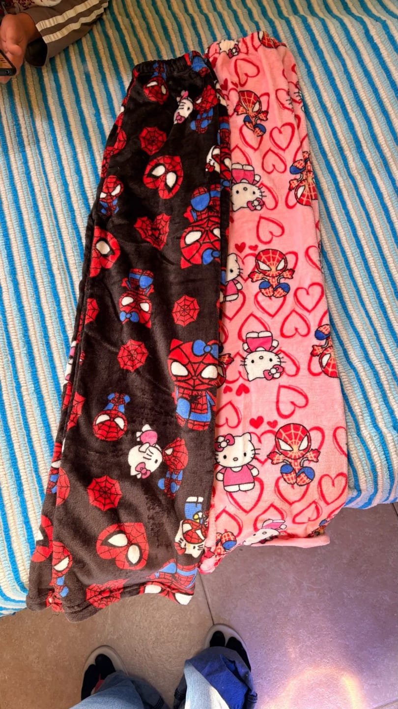 Customer photo review of Black Hello Kitty & Spider‑Man Pajama Pants for Couples