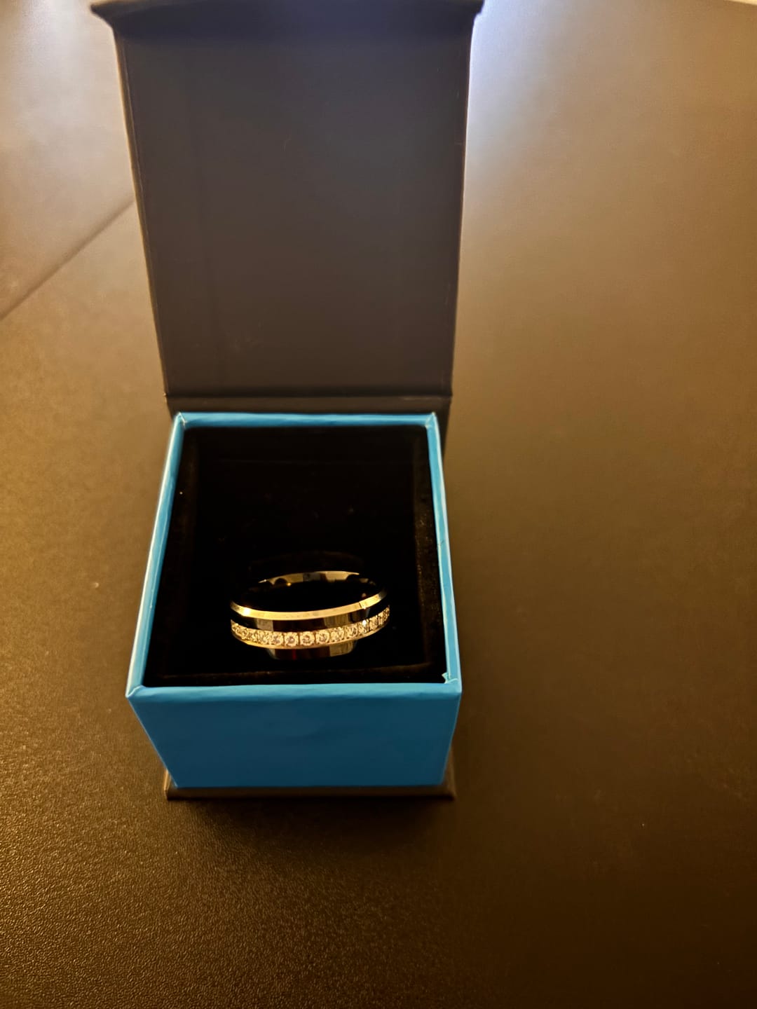 Customer photo review of 8MM - TUNGSTEN WEDDING BAND Polished Edges CUBIC ZIRCON BEVELED EDGE